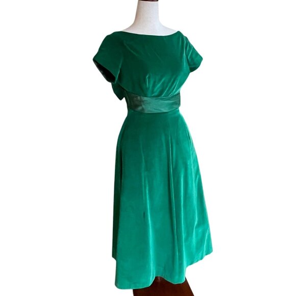 Vtg 1950s Kay Selig Emerald Green Velvet Evening Tea Length Dress Satin Bow Back - Picture 2 of 14